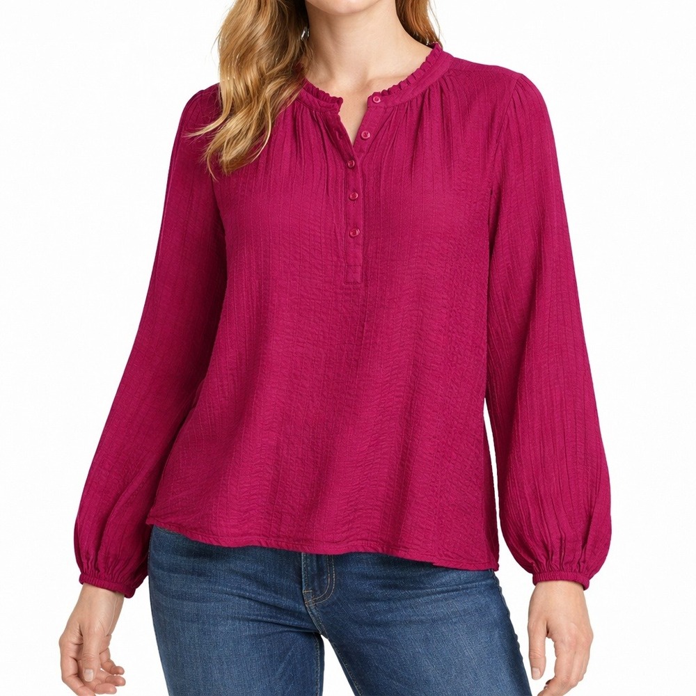 Wonderly Womens‎ Ruffle Neck Henley Blouse Magenta Viscose Casual Office Size M